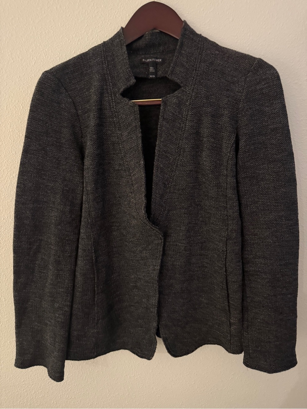 Eileen Fisher Charcoal Wool Knit Open Front Jacket XS Minimalist Quiet Luxury